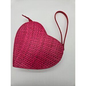 Heart-Shaped Red/Pink Woven Straw Wristlet Purse With Zipper Closure & Strap